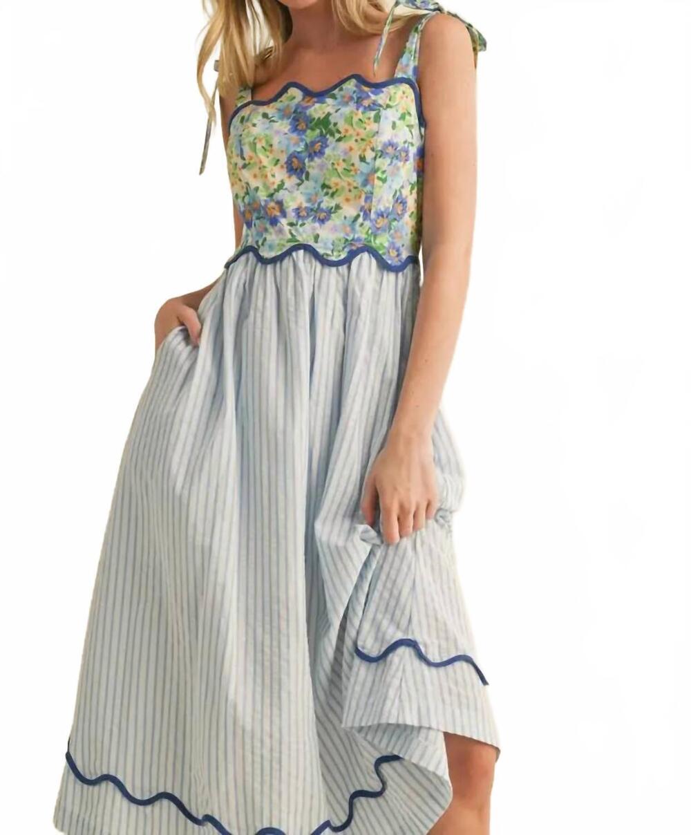 NEW &MERCI women's scalloped mixed print midi dress in blue
